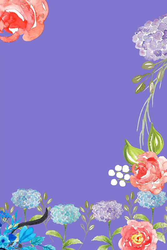 玫瑰紫色蓝花彩色植物手绘广告背景