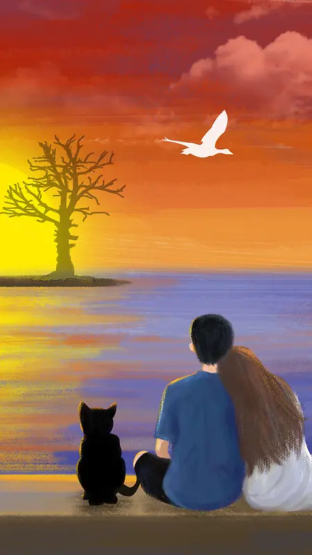 情人节夕阳余晖海鸥背景