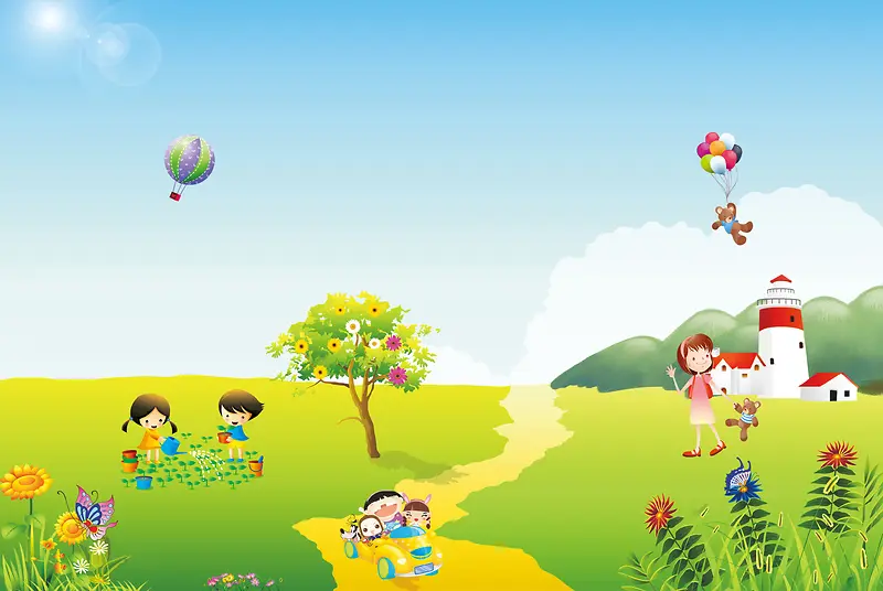 六一儿童节卡通儿童草地玩耍海报背景