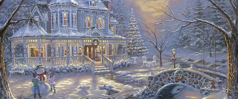 油画 树林 雪景 圣诞 城堡