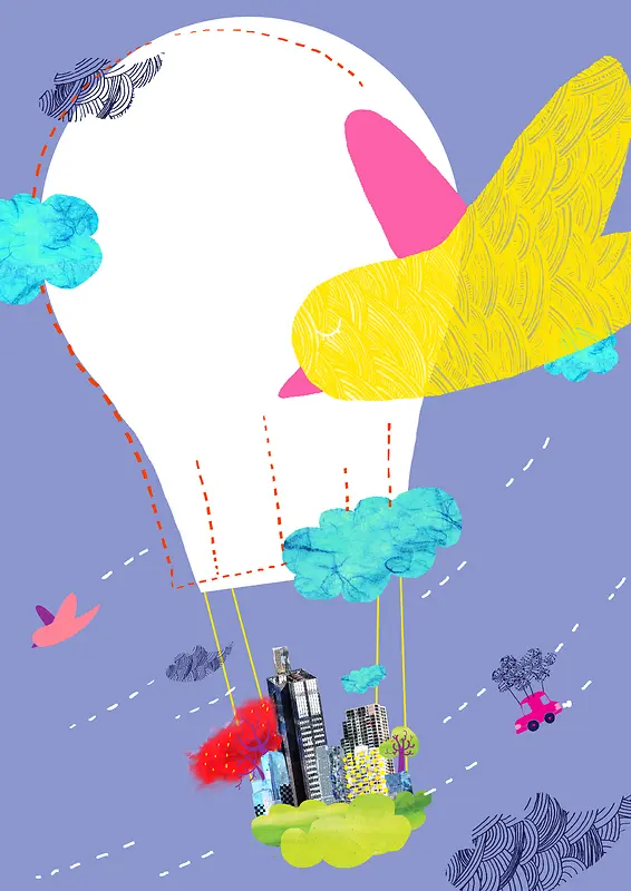 手绘时尚热气球小鸟印刷背景