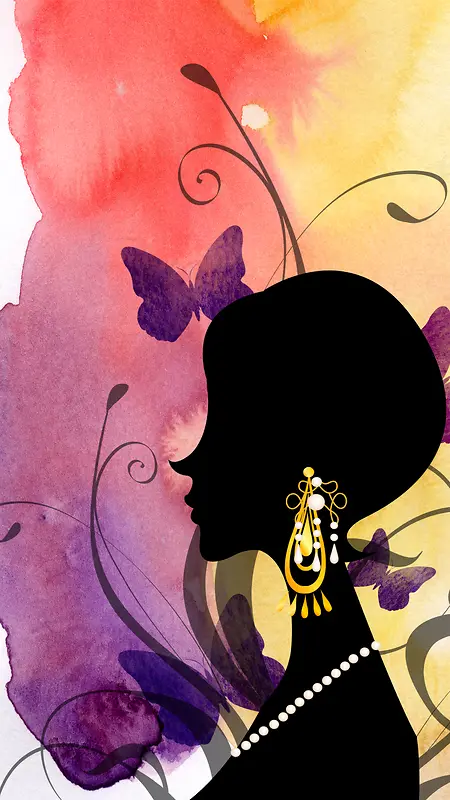 女人剪影与花纹水彩H5海报