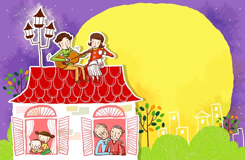 韩式清新幸福家庭一家人月亮房子海报背景