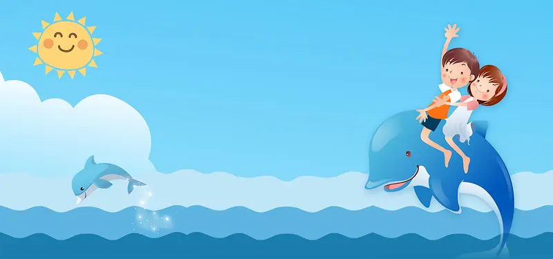61儿童节海边海豚玩乐蓝色背景