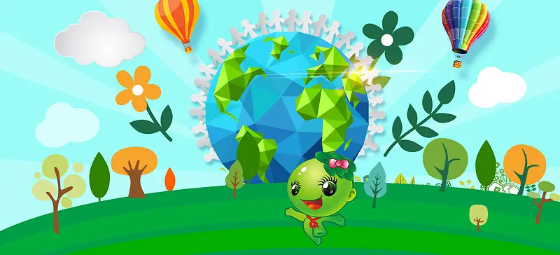 蓝天绿地气球卡通背景