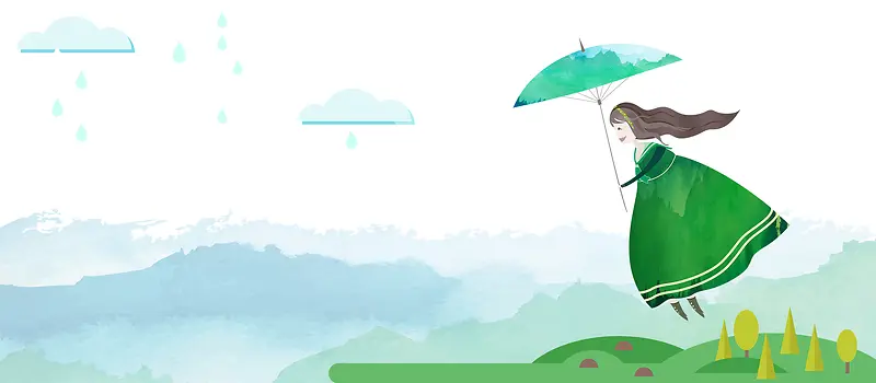 夏至卡通创意小女孩打伞绿色背景素材