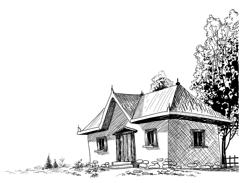黑白线描房子风景背景图