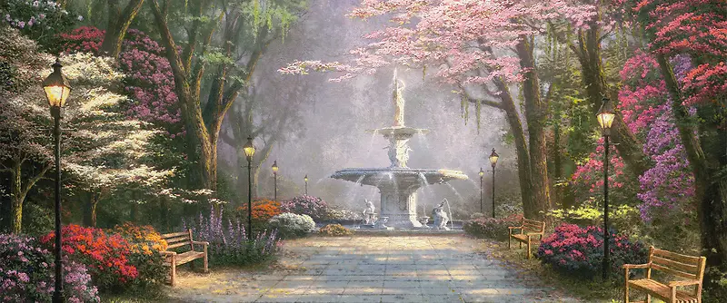 油画  粉彩 树木 喷水 花坛
