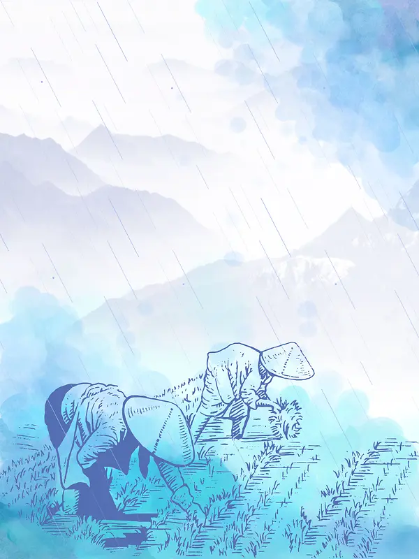 蓝色水彩插画谷雨海报背景素材