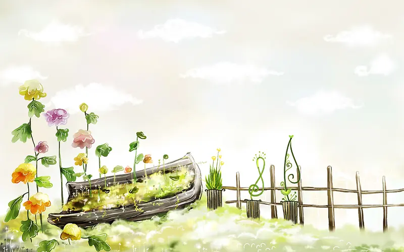 手绘文艺花卉庭院背景