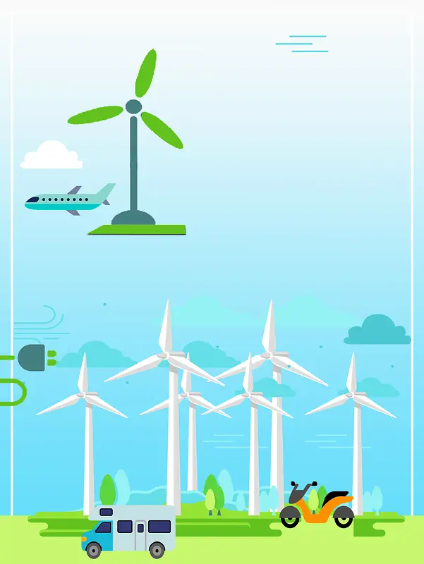 蓝色清新手绘风能发电低碳环保海报背景素材