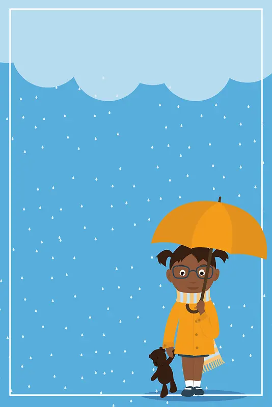 蓝色卡通下雨打伞的小孩可爱插画背景