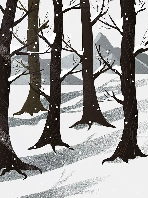 冬天飘雪森林灰白色卡通手绘海报