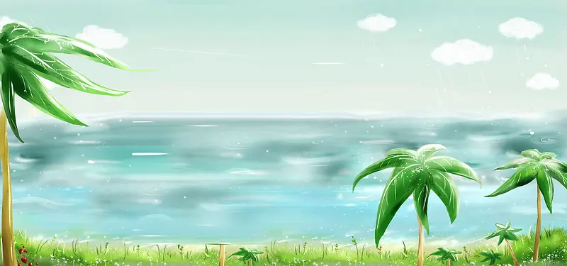 手绘椰子树 大海天空背景