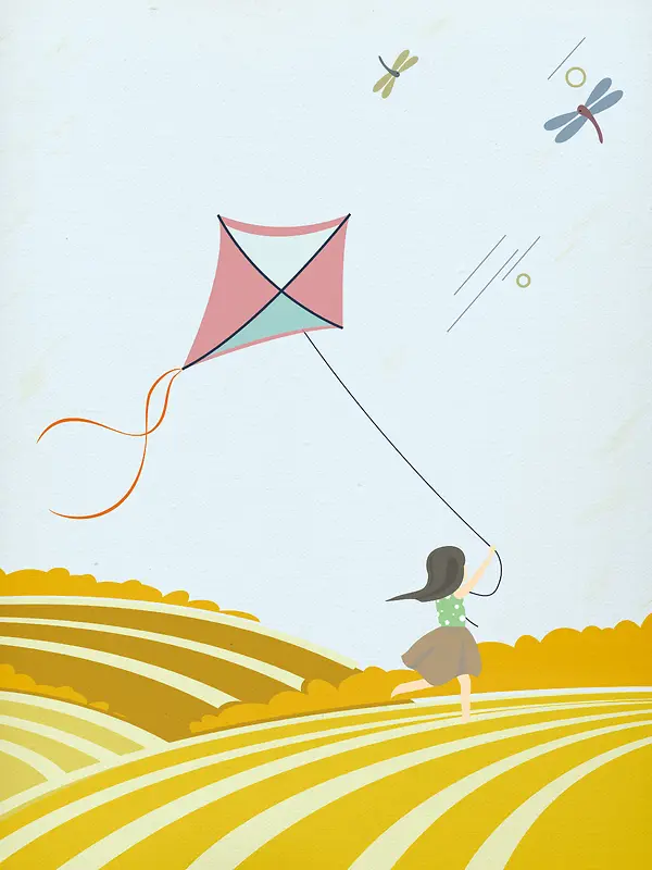 清新卡通手绘秋季女孩放风筝