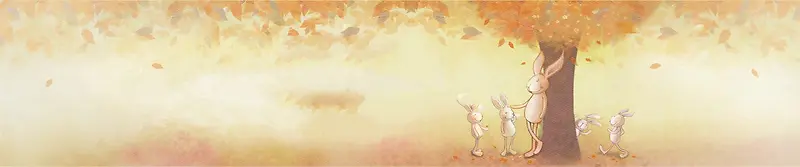 大树枫叶兔子一家黄色系卡通背景
