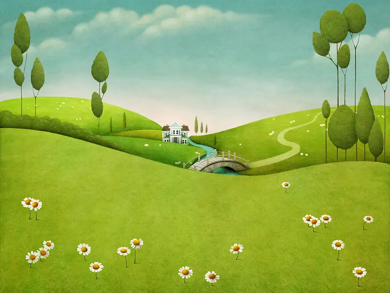 小桥房子与连绵的山丘插画创意背景素材