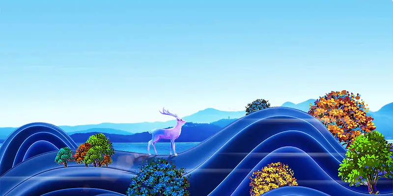 蓝色梦幻手绘风景线条动物背景素材