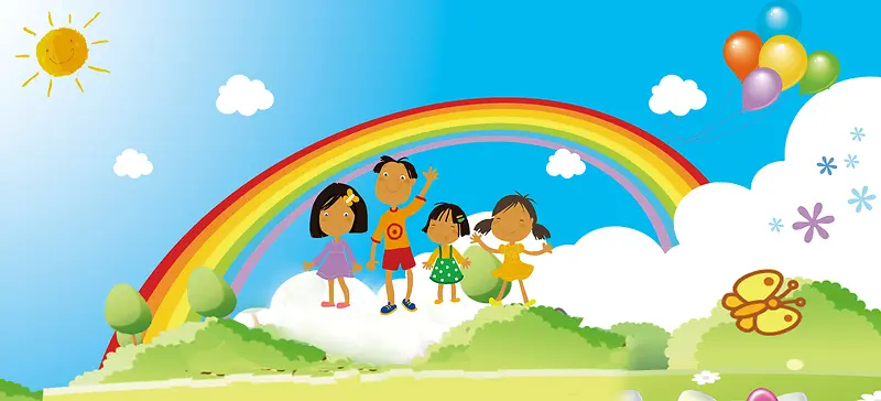 六一儿童节卡通儿童彩虹白云海报背景