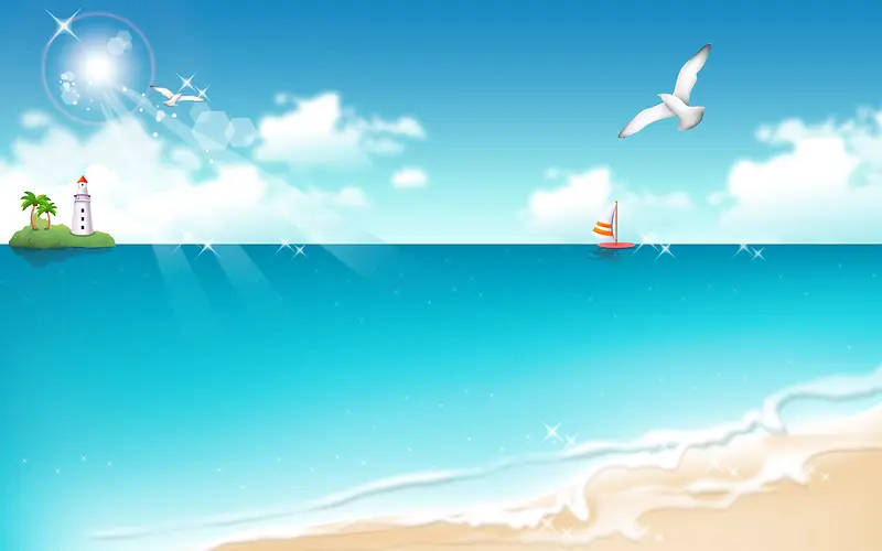 手绘卡通海滩风景平面广告