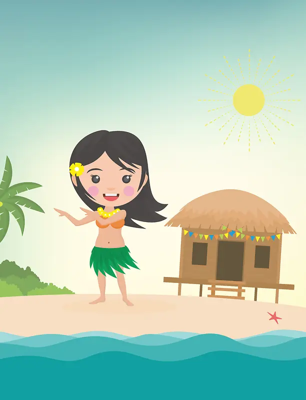 卡通手绘夏季暑假旅游夏威夷人物背景素材