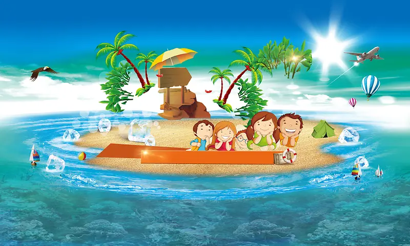 卡通海岛小孩蓝色背景素材