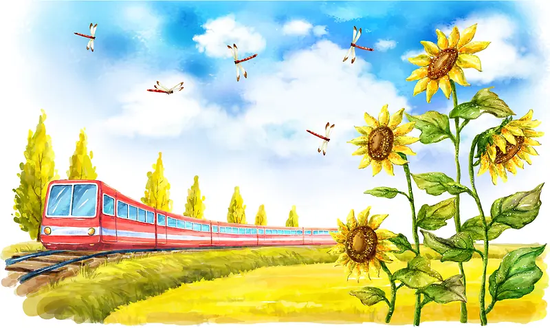 手绘幼儿园插画向日葵和谐号列车