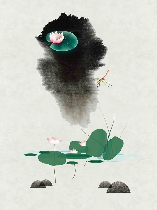 水墨中国风荷花手绘插画海报背景模板