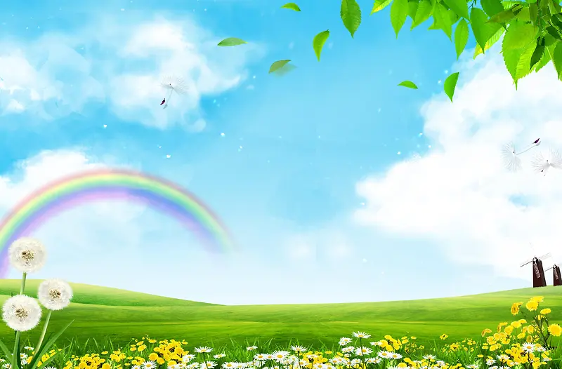 草原上各色花朵盛开的彩虹