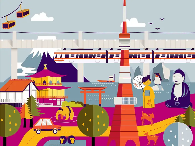 手绘矢量旅游日本景点樱花富士山奈良海报