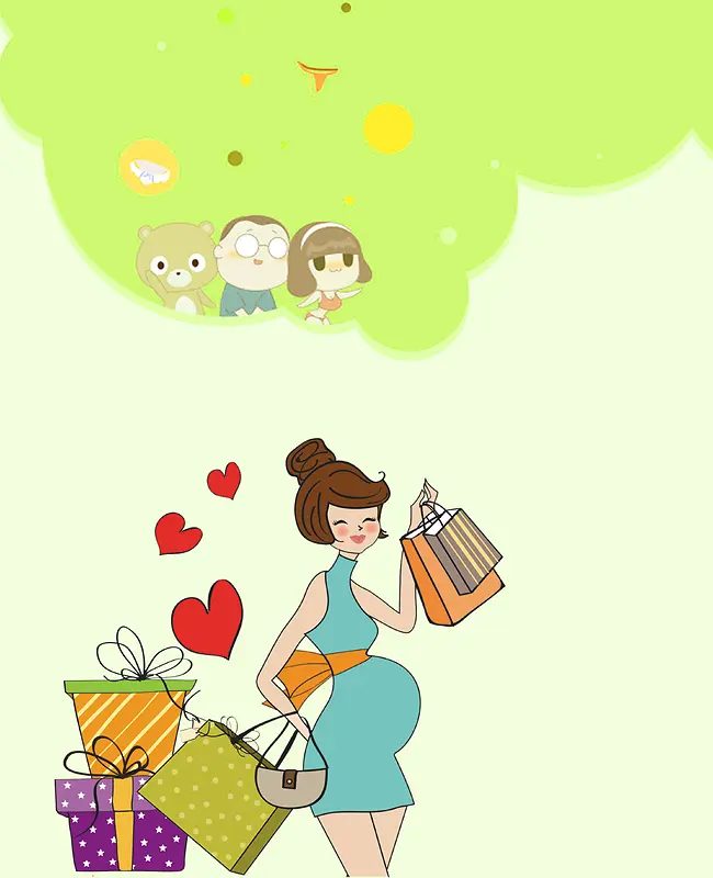 卡通孕妇购物绿色背景素材