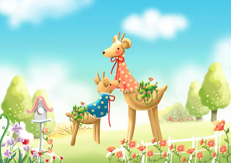手绘幼儿园插画母子长颈鹿草地
