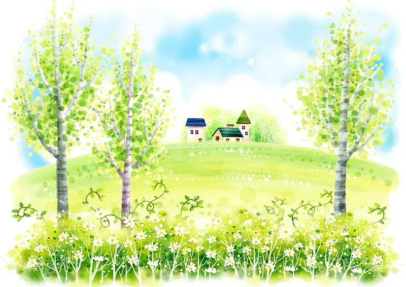 手绘幼儿园插画乡间小房子白桦