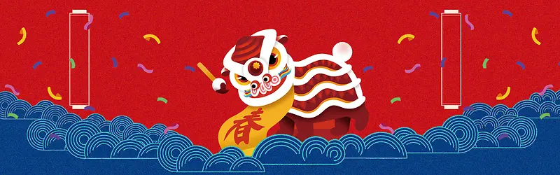 春节红色卡通电商舞狮子banner