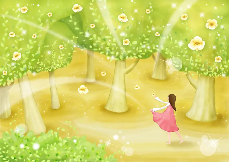 手绘幼儿园插画女孩森林风背景