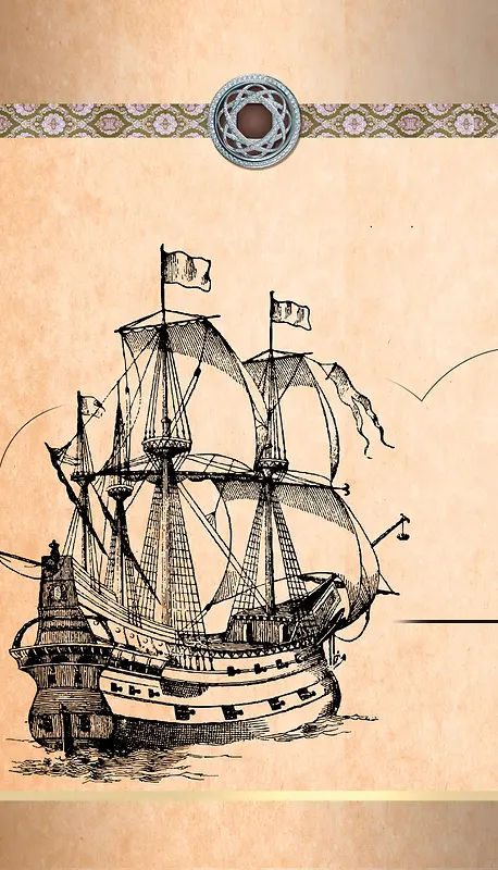 复古典雅手绘帆船明信片背景素材