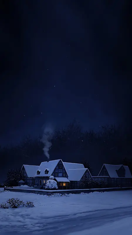 夜幕下的雪中小屋插画H5背景