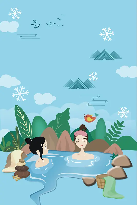 冬天温泉蓝色卡通旅游海报