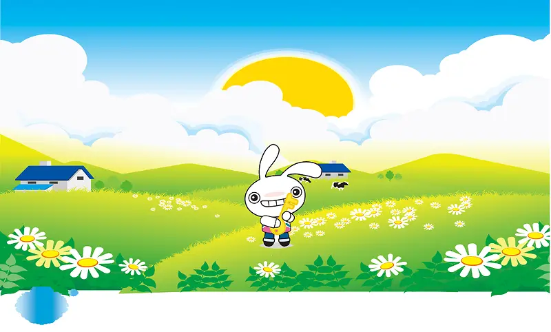 卡通草地兔子场景海报背景模板