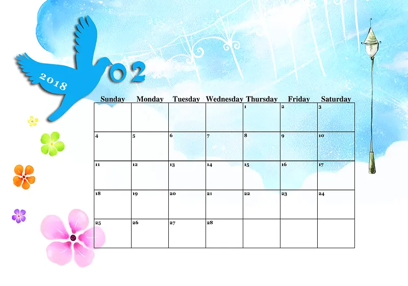 蓝色卡通飞鸟日历月历表商务背景素材