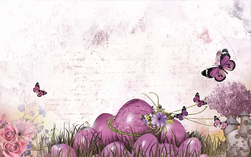 紫色插画花卉蝴蝶复活节海报背景素材