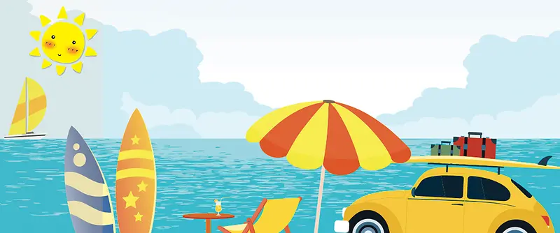 夏季海边出游卡通童趣蓝色背景