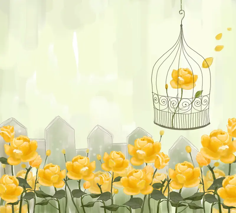 花园黄色鸟笼花朵印刷背景