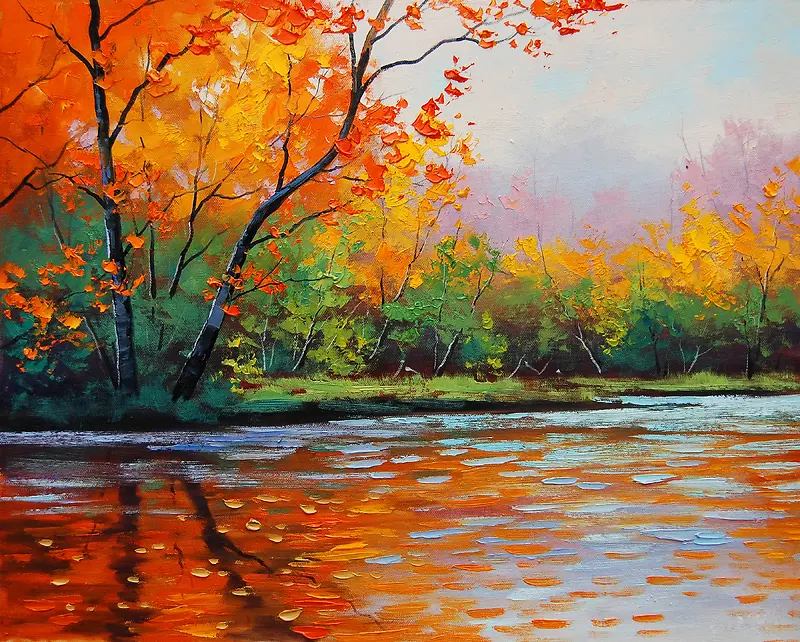 油画 河畔秋色图片