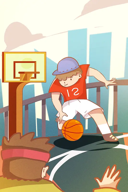 卡通打篮球运动锻炼海报背景图