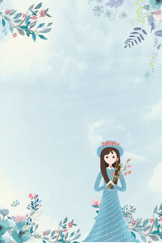 蓝色唯美春季上新花卉人物海报背景