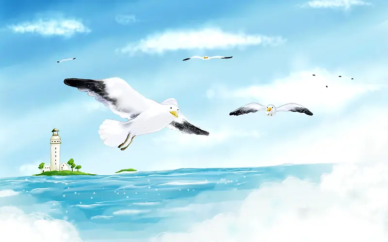 卡通海鸥与大海背景