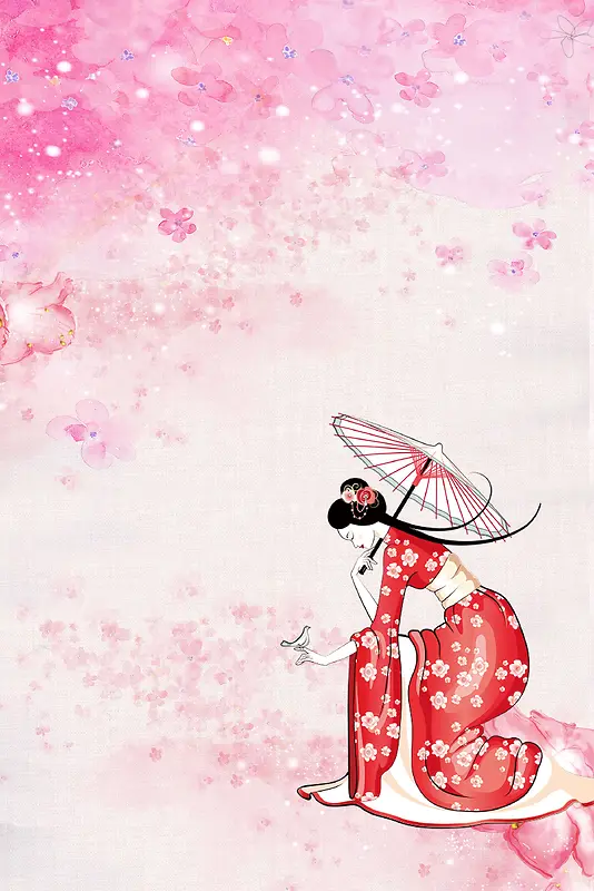 女生节唯美粉色手绘三月樱花日本少女背景