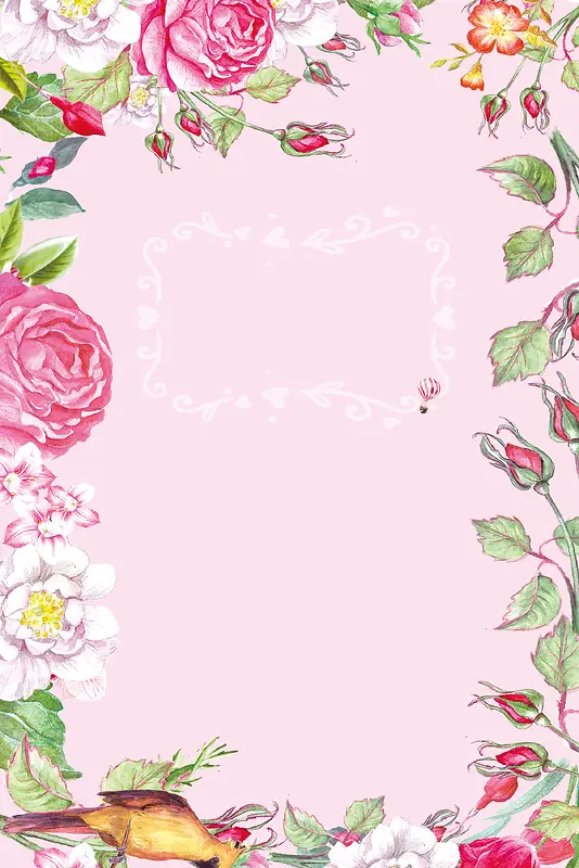 粉色手绘婚礼邀请函花卉边框背景