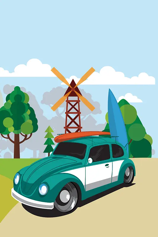 新能源汽车卡通绿色环保设计背景图